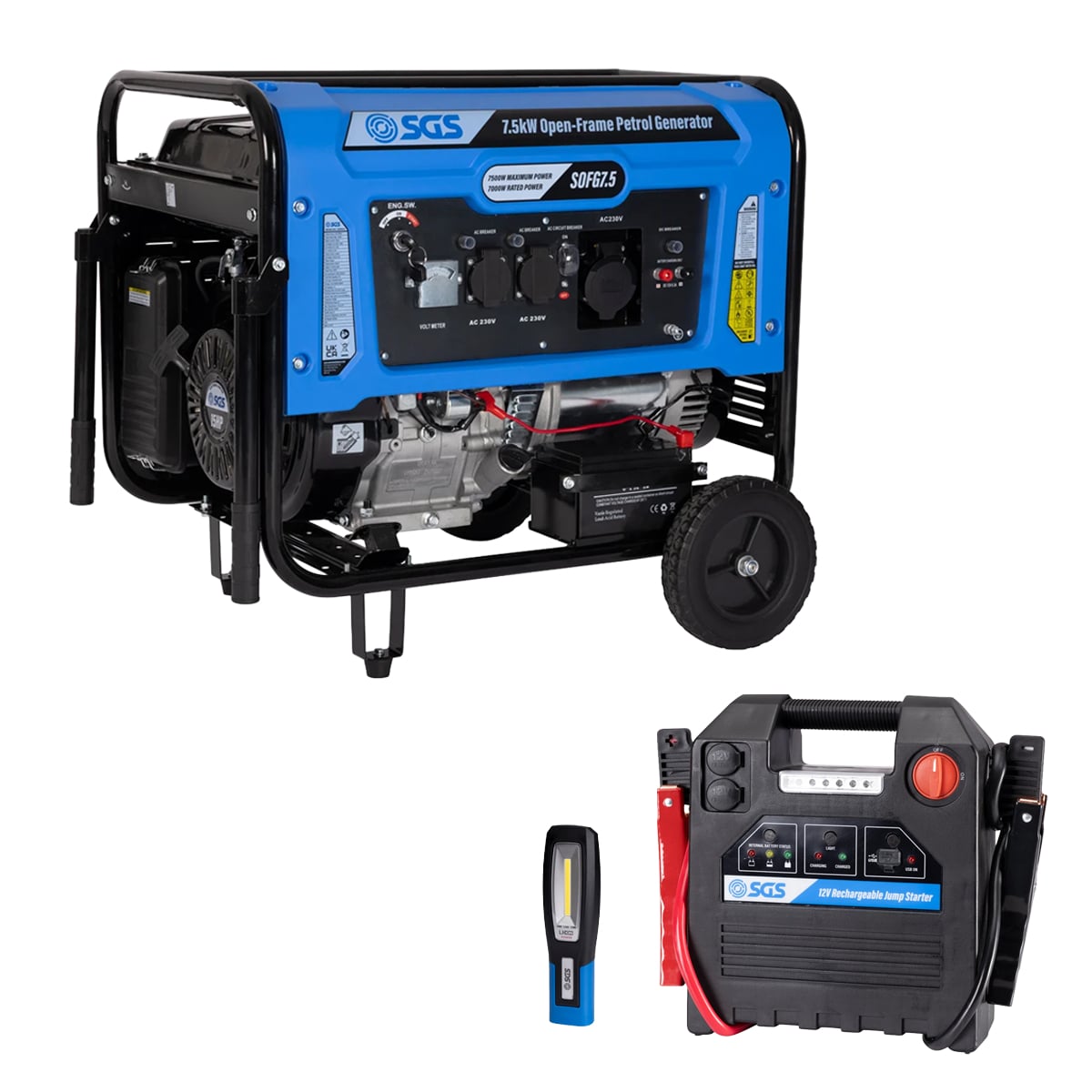 SGS Emergency Essentials Bundle | 7.5kW Petrol Generator | 1600 Amp 12V Jump Starter | 500 Lumen Light